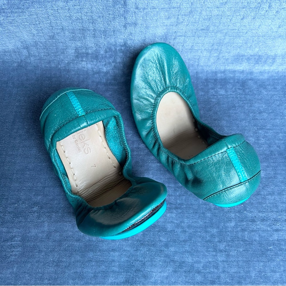 Tieks By Gavriely Flat Shoes Sz 7 Pacific Green Leather Ballet  Flats Foldable - Picture 15 of 17